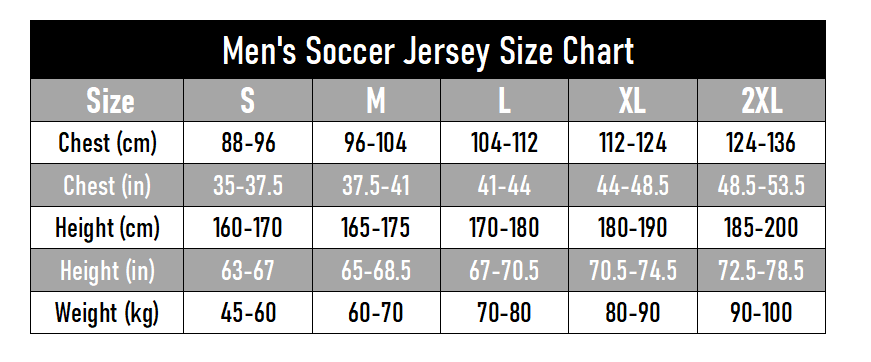 The jersey is available in S, M, L, XL, and XXL, catering to a wide range of fans.