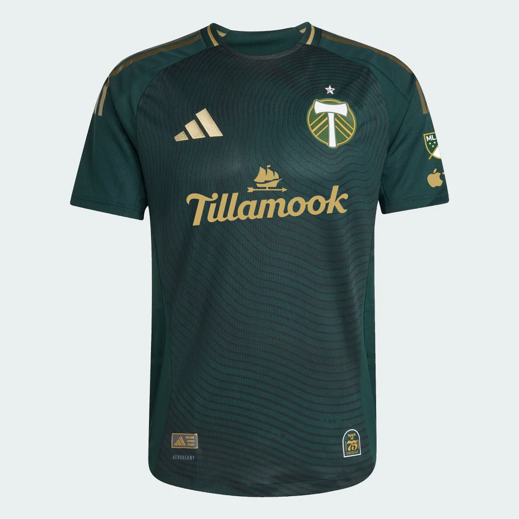 Portland Timbers 2025 Forever Green and Gold jersey tree ring design detail