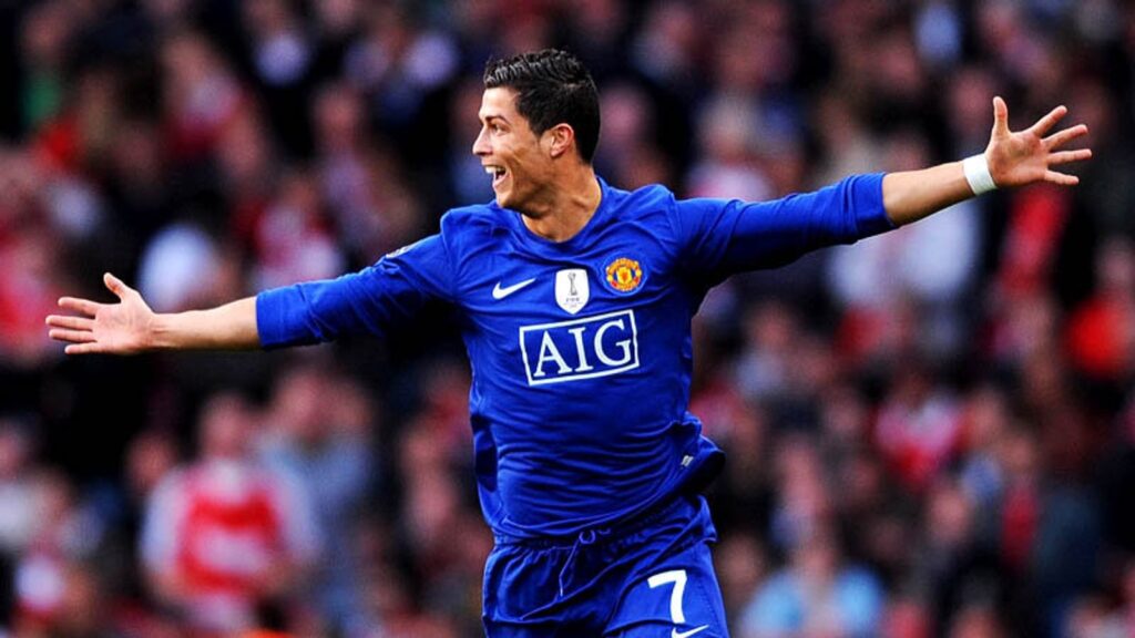 Manchester United 2008 blue jersey worn on pitch during peak Champions League season